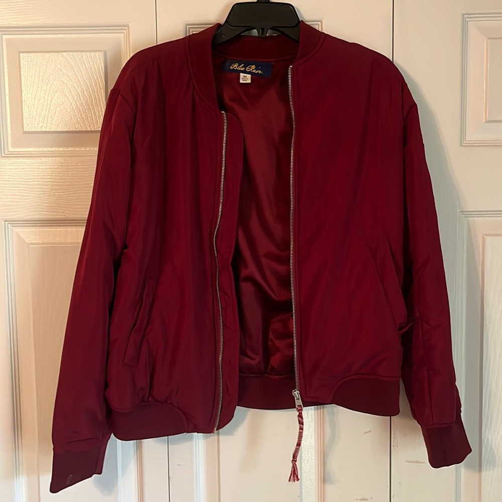 Blue Rain medium, burgundy bomber jacket.